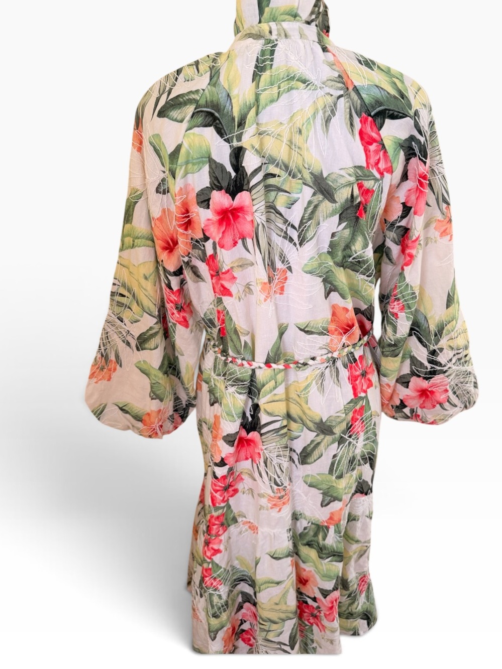 Tommy Bahama Daybreak Hibiscus" Green/Pink Floral Tiered 3/4 Sleeve Midi Dress - Picture 8 of 12